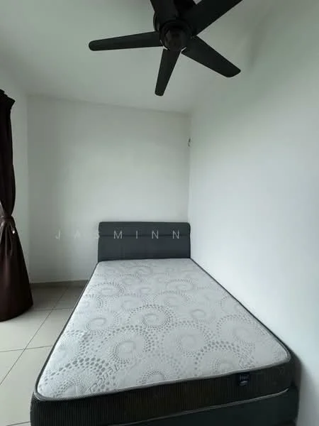 Bedroom features: single bed mattress, white painted walls, ceiling fan, tile flooring, brown curtains, window with natural light.