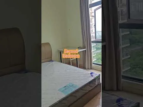 Bedroom features: queen-size bed, light-colored upholstered headboard, mattress with protective cover, nightstand, floor-to-ceiling windows, curtains, wooden flooring, view of greenery; style: modern; view: garden.