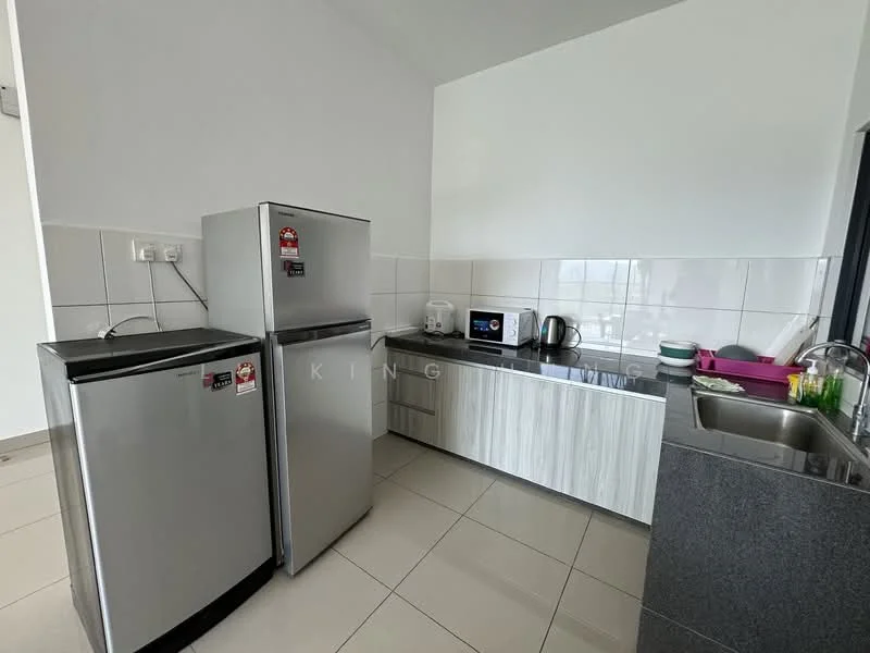 Kitchen features: stainless-steel fridge, stainless-steel side-by-side fridge, built-in microwave, kettle, toaster, single-bowl stainless-steel sink, chrome pull-down faucet, grey laminate cabinetry, white tiled backsplash, ceramic tile flooring, countertop with dark surface, wall-mounted electrical outlets; style: modern.