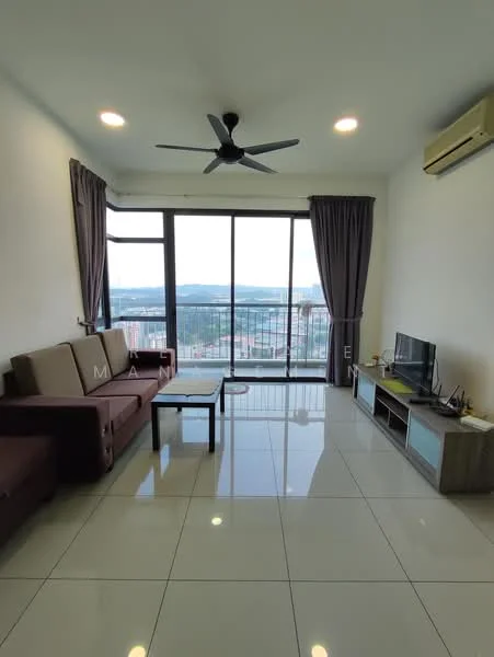 Living features: 3-seater fabric sofa in brown, coffee table with glass top, TV console, wall-mounted TV, floor-to-ceiling windows, curtains in dark grey, white painted walls, recessed downlights, polished ceramic tile flooring, ceiling fan with light, air conditioning unit; style: modern; view: city.