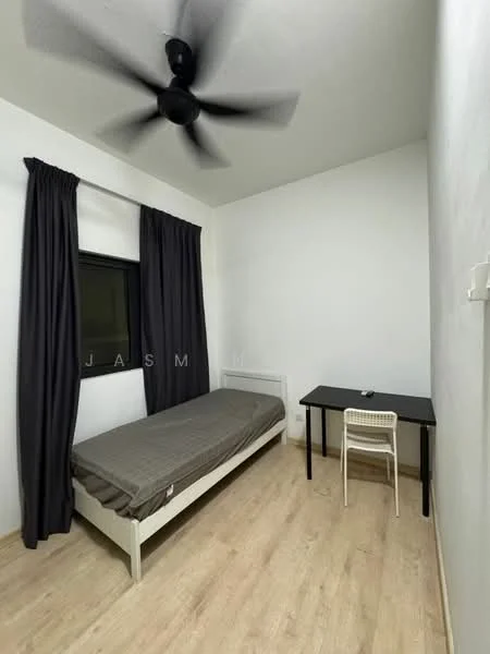 Bedroom features: single bed, grey bedspread, black ceiling fan, white painted walls, wooden flooring, black curtains, window with black frame, desk, white chair; style: minimalist.