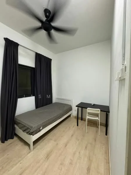 Bedroom features: single bed with grey bedding, black ceiling fan, white walls, wooden flooring, black desk, white chair, black curtains, window with black frame; style: minimalist.