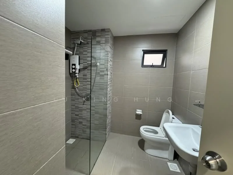 Bathroom features: walk-in shower with glass enclosure, rain shower head, handheld shower, wall-mounted shower controls, toilet, bidet spray, grey ceramic tile flooring, grey wall tiles, small window, built-in wall shelf; style: modern.