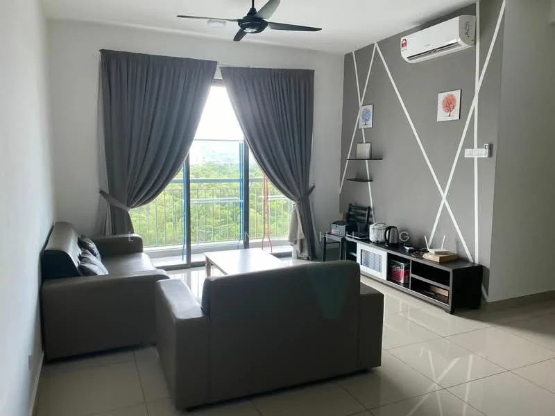 Living features: 2-seater leather sofa in light grey, 3-seater leather sofa in light grey, coffee table, wall-mounted TV, TV console, floor-to-ceiling windows, sheer curtains, recessed downlights, 1 wall-mounted split AC, decorative wall art, ceramic tile flooring, exposed concrete accent wall; style: modern; view: city.