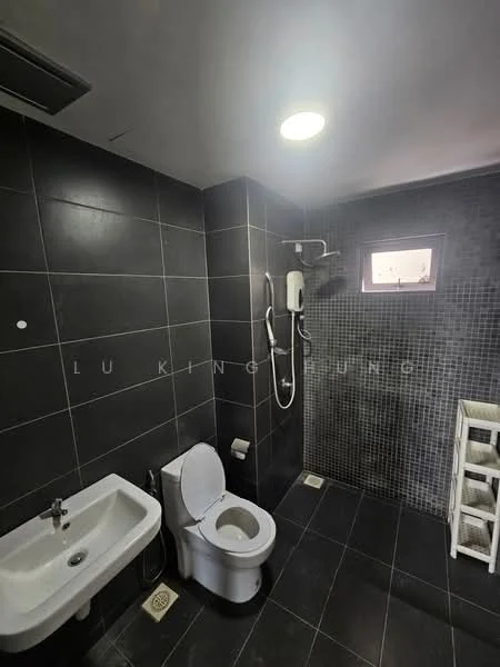 Bathroom features: black tiled walls, black tiled flooring, white toilet, white bidet, shower with handheld showerhead, wall-mounted shower control, small window, recessed ceiling light, towel rack; style: modern.