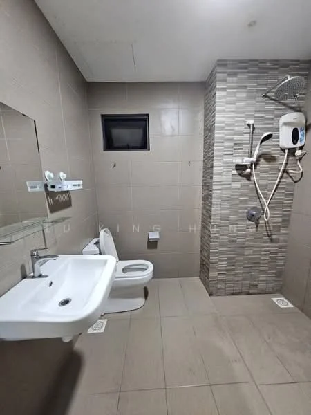 Bathroom features: white ceramic toilet, single-sink vanity with wall-mounted mirror, chrome basin mixer faucet, shower with handheld shower head, wall-mounted water heater, grey tile flooring, beige wall tiles, accent wall with mosaic tile cladding, window for natural light, toilet paper holder, towel rack; style: modern.