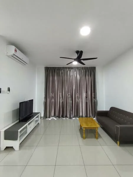 Living features: 3-seater fabric sofa in grey, wooden coffee table, TV console, wall-mounted TV, floor-to-ceiling windows, sheer curtains, 5-blade ceiling fan with light, white painted walls, glossy tile flooring, air conditioning unit; style: modern.