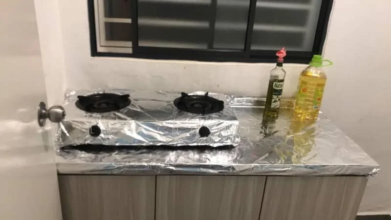 Kitchen features: two-burner gas hob, stainless-steel countertop, grey cabinetry, window with black frame, bottle of cooking oil, bottle of dish soap, aluminum foil covering countertop.