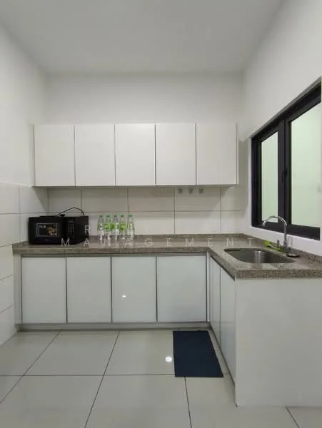 Kitchen features: white shaker cabinets, granite countertop, stainless-steel sink, chrome pull-down faucet, microwave, white tiled backsplash, grey floor tiles, window above sink, under-cabinet lighting; style: modern.