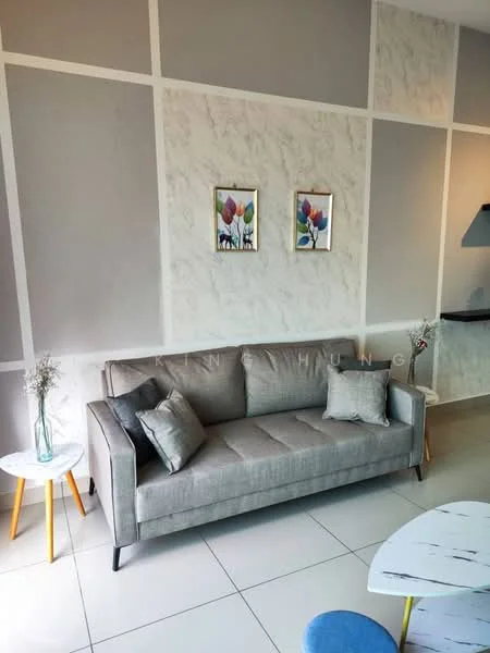 Living features: grey fabric sofa, decorative cushions, white side table with yellow legs, marble-top coffee table, white tiled flooring, light grey accent wall, textured wall with light marble finish, framed artwork with floral design, recessed lighting; style: modern.