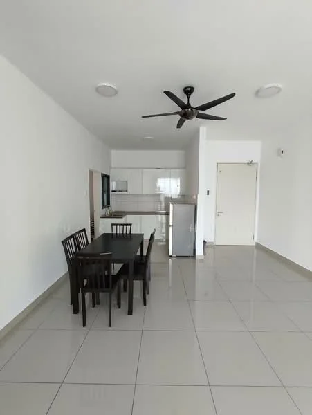 Dining features: 4-seater dining table, black dining chairs, white walls, polished ceramic tile flooring, 5-blade ceiling fan, recessed downlights, open kitchen layout, stainless-steel fridge, kitchen cabinetry, countertop with sink; style: modern.