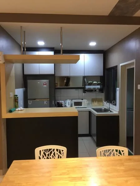 Kitchen features: white cabinetry with upper storage, black lower cabinetry, stainless-steel sink, chrome pull-down faucet, built-in microwave, freestanding refrigerator, ceramic tile flooring, recessed LED downlights, countertop with breakfast bar, open layout to dining area, window for natural light, wall-mounted shelves; style: modern.