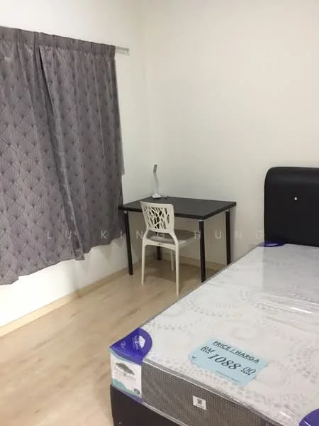 Bedroom features: queen-size bed, light wood flooring, grey curtains, white desk, white chair, table lamp, wall-mounted light fixture, plain white walls; style: minimalist.