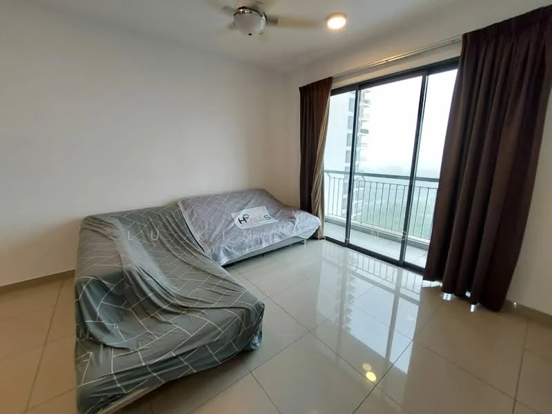 Living features: grey fabric sofa with cover, floor-to-ceiling sliding glass door, curtains in dark brown, glossy ceramic tile flooring, ceiling fan with light, white painted walls, balcony view, natural light from large window; style: modern; view: city.
