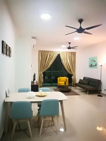 Living features: light beige walls, polished tile flooring, 5-blade ceiling fan with light, 5-blade ceiling fan, large floor-to-ceiling windows, sheer curtains, dark grey sofa, yellow accent chair, coffee table, area rug, dining table with 4 blue chairs, decorative wall art; style: modern; view: city.