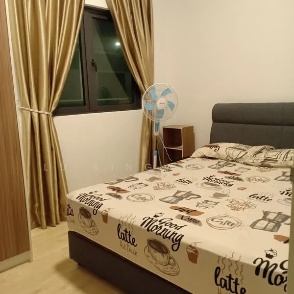Bedroom features: queen-size bed with patterned bedding, upholstered headboard, wooden bedside table, table fan, floor-to-ceiling window, sheer curtains, light wood flooring, decorative wall with printed design; style: modern.