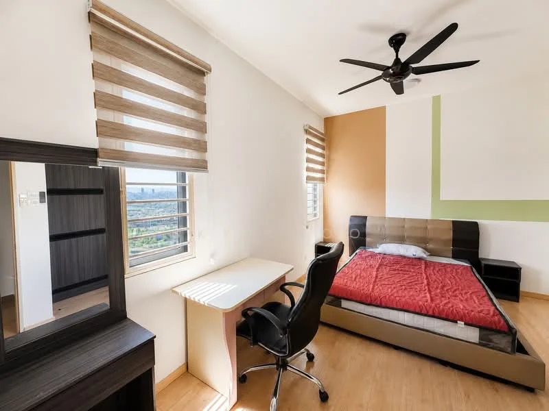 Bedroom features: queen-size bed with red bedding, upholstered headboard, wooden flooring, ceiling fan with light, two windows with roller blinds, study desk, black office chair, dressing table with mirror, built-in wardrobe, accent wall in light green, plain white walls, natural light from windows; style: modern; view: city.