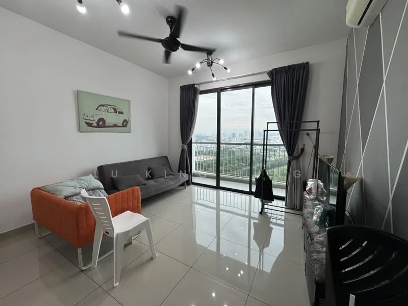 Living features: grey fabric sofa, orange fabric sofa, white plastic chair, black plastic chair, floor-to-ceiling windows, curtains in grey, ceiling fan with light, wall-mounted air conditioning unit, tile flooring in cream, decorative wall with grey paneling, view of greenery and city skyline; style: modern; view: city.