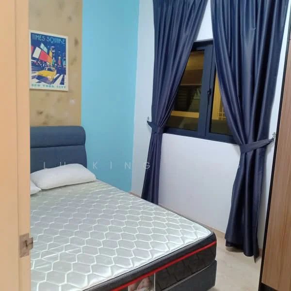 Bedroom features: queen-size bed, upholstered headboard, two white pillows, blue accent wall, cream painted walls, floor-to-ceiling window, black window frame, dark blue curtains, wooden flooring; style: modern.