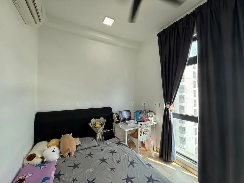 Bedroom features: queen-size bed with grey bedding, black upholstered headboard, wooden flooring, floor-to-ceiling window, blackout curtains, wall-mounted split AC, study desk with laptop, decorative wall art, stuffed animals, bouquet of flowers; style: modern; view: city.