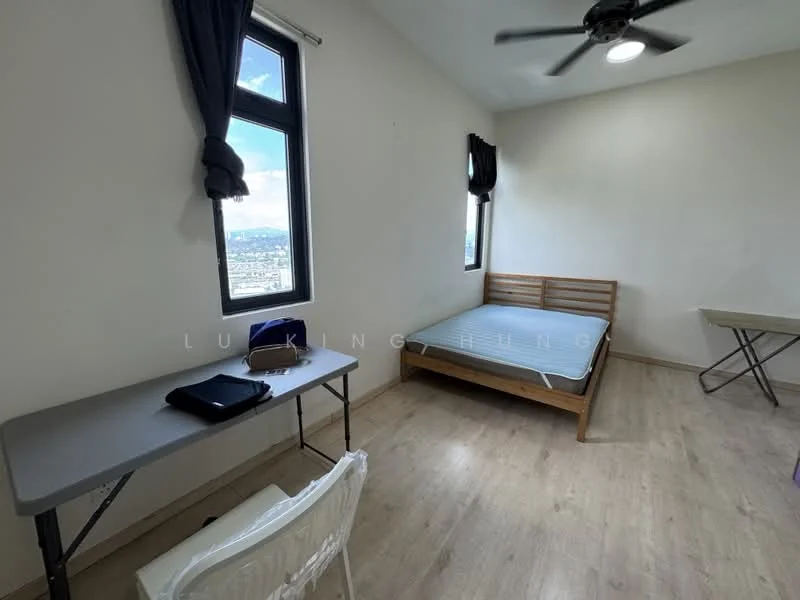 Bedroom features: wooden flooring, white painted walls, single bed frame, mattress on bed frame, floor-to-ceiling window, blackout curtains, ceiling fan with light, study desk, plastic chair; style: minimalist; view: city.