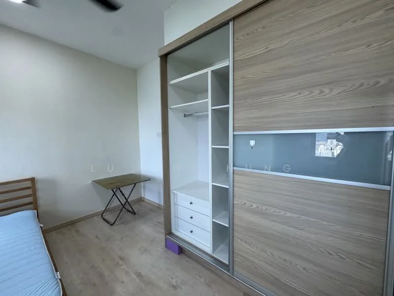 Bedroom features: wooden flooring, white painted walls, built-in wardrobe with sliding doors, open shelving in wardrobe, drawers in wardrobe, single bed frame, small study table, window with city view, ceiling fan; style: modern; view: city.