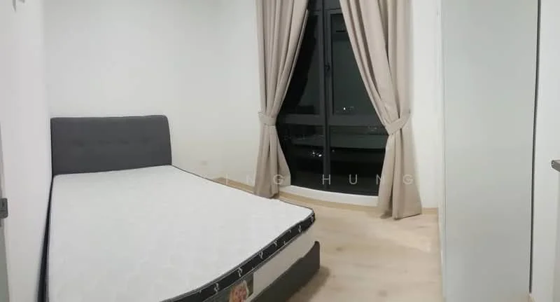 Bedroom features: queen-size bed frame without mattress, floor-to-ceiling windows, curtains in beige, light wood flooring, white painted walls, corner window view, built-in wardrobe with sliding doors; style: modern; view: city.