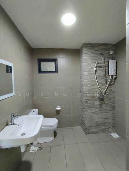 Bathroom features: single-sink vanity with wall-mounted faucet, framed mirror, one-piece toilet, walk-in shower with glass enclosure, rain shower head, handheld shower, tile cladding on walls, ceramic tile flooring, exposed plumbing, window for natural light, light fixture in ceiling; style: modern.