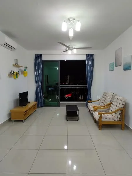 Living features: white painted walls, glossy ceramic tile flooring, 5-blade ceiling fan with light, floor-to-ceiling windows, sliding glass door, blue curtains, sofa with patterned upholstery, wooden coffee table, TV console, wall-mounted TV, decorative wall shelf; style: modern; view: city.
