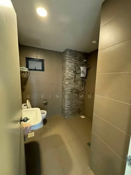 Bathroom features: wall-mounted shower, toilet, stone accent wall, brown tiled walls, brown tiled flooring, glass shelf, small window, overhead lighting; style: modern.