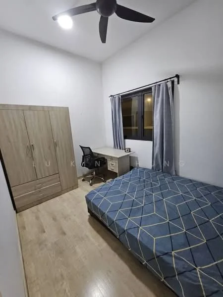 Bedroom features: queen-size bed with blue geometric-patterned bedding, wooden wardrobe with sliding doors, study desk with chair, wooden flooring, white painted walls, blackout curtains, ceiling fan with light, window with view to the outside; style: modern.