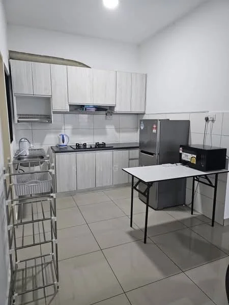Kitchen features: light grey cabinetry, stainless-steel sink, chrome pull-down faucet, 4-burner gas hob, built-in oven, stainless-steel fridge, microwave, white tiled backsplash, grey tiled flooring, recessed ceiling lights, open shelving, folding table; style: modern.