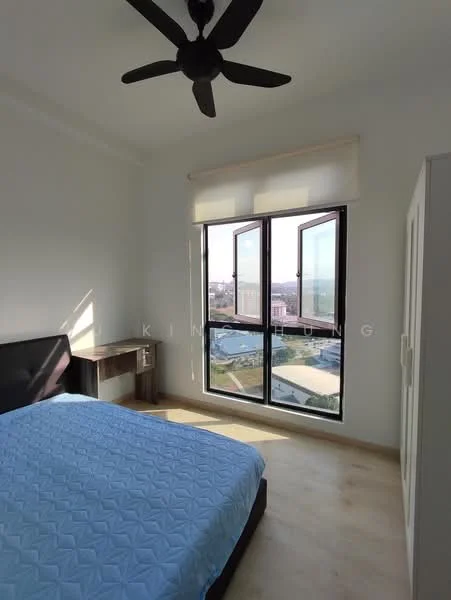 Bedroom features: queen-size bed with blue bedding, wooden bedside table, floor-to-ceiling windows, black window frames, roller blinds, light wood flooring, 5-blade ceiling fan, built-in wardrobe, white painted walls, natural light from windows; style: modern; view: city.