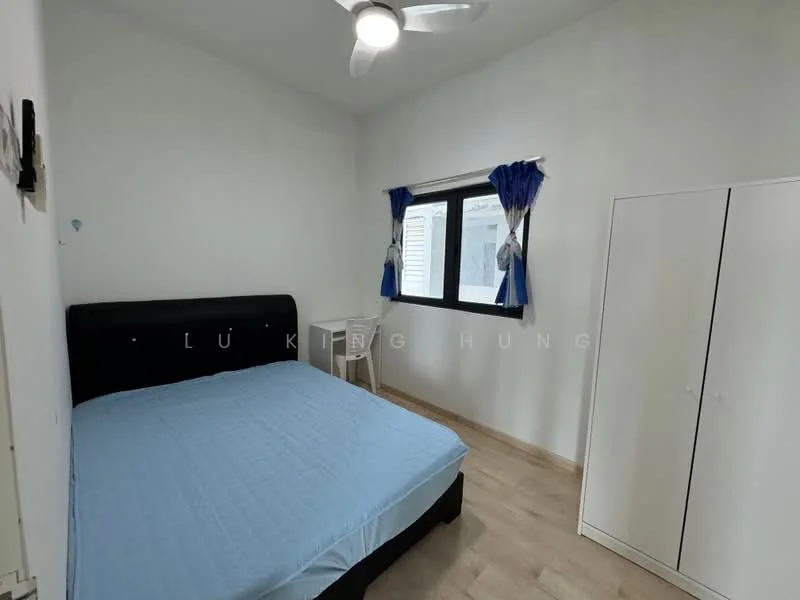 Bedroom features: queen-size bed with black upholstered headboard, light blue bedspread, white painted walls, wooden flooring, ceiling fan with light, black framed window with white curtains, white bedside table, built-in wardrobe with sliding doors; style: modern.