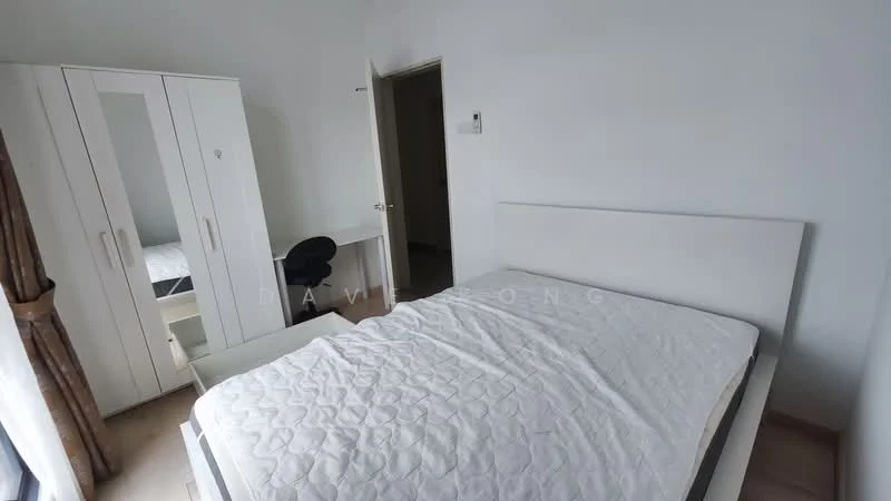 Bedroom features: queen-size bed, white bed frame, white bedding, built-in wardrobe with mirrored doors, desk with chair, light-colored flooring, white painted walls, window with sheer curtains; style: modern.