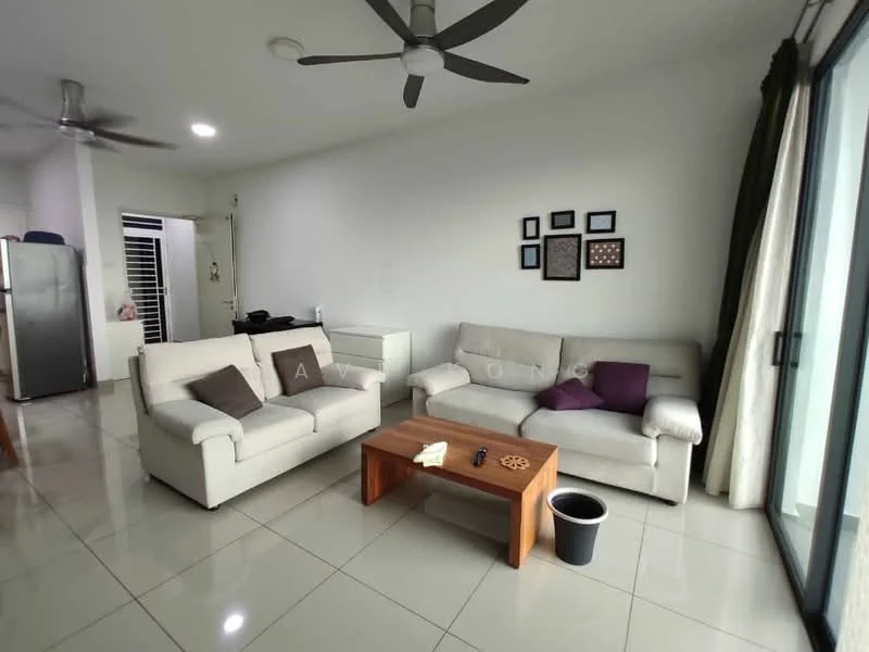 Living features: 2-seater fabric sofa in light grey, 3-seater fabric sofa in cream, wooden coffee table, floor-to-ceiling windows, sliding glass door, white painted walls, glossy tile flooring, 2 ceiling fans, decorative wall frames, black waste bin; style: modern.