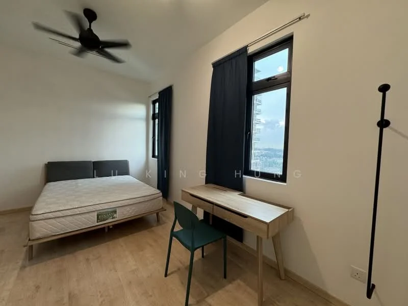 Bedroom features: queen-size bed, wooden flooring, 5-blade ceiling fan, two windows with black frames, blue curtains, study desk with wooden surface, green chair, wall-mounted coat rack, neutral painted walls; style: modern; view: city.