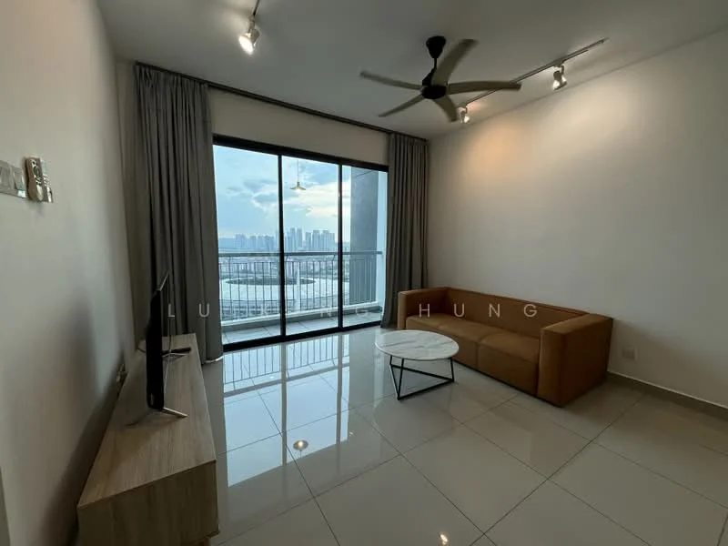 Living features: floor-to-ceiling windows, city view, 3-seater fabric sofa in brown, round coffee table with white top, TV console, wall-mounted TV, recessed downlights, ceiling fan with light, grey curtains, glossy tile flooring, neutral painted walls; style: modern; view: city.