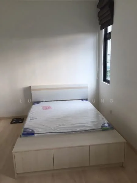 Bedroom features: queen-size bed, light wood bed frame, mattress with protective cover, built-in storage drawers under bed, white painted walls, light wood flooring, blackout roller blinds, single window with view, minimalist decor; style: modern.