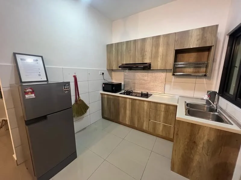 Kitchen features: laminate cabinetry in wood finish, white countertop, stainless-steel sink, chrome pull-down faucet, built-in gas hob, exhaust hood, microwave, refrigerator, tile backsplash, grey ceramic tile flooring, wall-mounted storage rack, window with black frame; style: modern.
