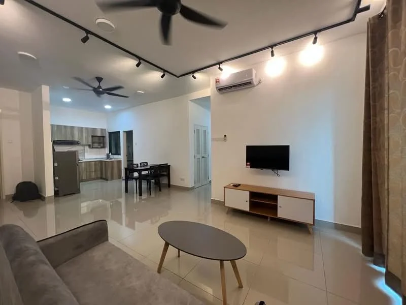 Living features: grey fabric sofa, round coffee table, wall-mounted TV, TV console with storage, 5-blade ceiling fan, recessed LED downlights, cream painted walls, glossy tile flooring, air conditioning unit, curtains, open layout to dining area, visible kitchen area; style: modern.