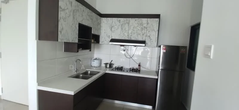 Kitchen features: marble backsplash, dark wood cabinetry, white countertop, single-bowl stainless-steel sink, chrome pull-down faucet, built-in gas hob, exhaust hood, stainless-steel fridge, ceramic tile flooring, white tiled walls, wall-mounted storage shelves; style: modern.
