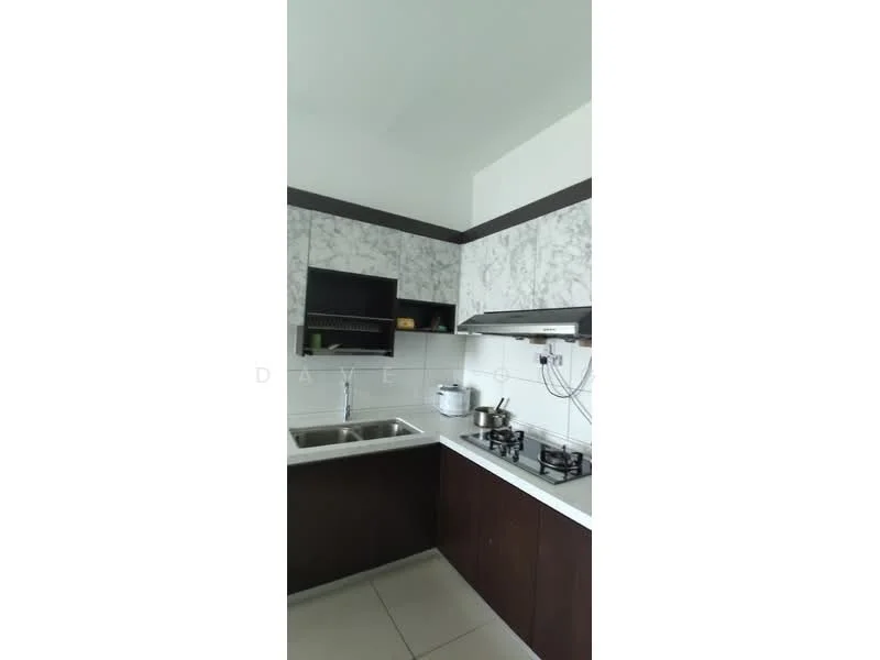 Kitchen features: single-bowl stainless-steel sink, chrome pull-down faucet, marble countertop, white cabinetry with wood accents, built-in gas hob, 2-burner gas stove, white tiled backsplash, ceramic tile flooring, under-cabinet lighting; style: modern.