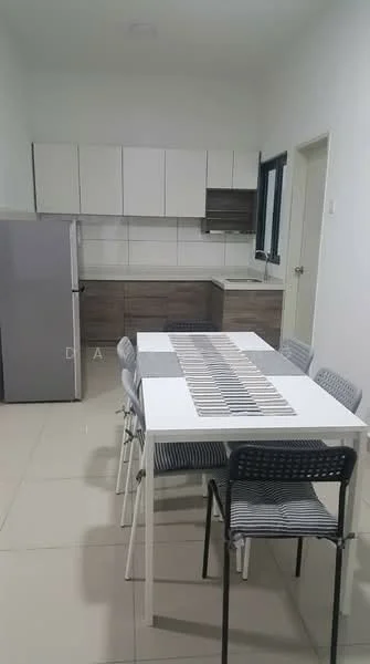 Kitchen features: white upper cabinets, brown lower cabinets, stainless-steel fridge, single-bowl stainless-steel sink, chrome pull-down faucet, white countertop, ceramic tile flooring, wall-mounted cabinets, window with black frame, dining table with white surface, 6 dining chairs with striped fabric, open layout; style: modern.