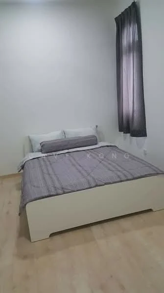 Bedroom features: queen-size bed with grey bedding, light wood flooring, white painted walls, single window with grey curtains, minimalist bed frame, decorative throw pillow, no visible closet or storage; style: modern.