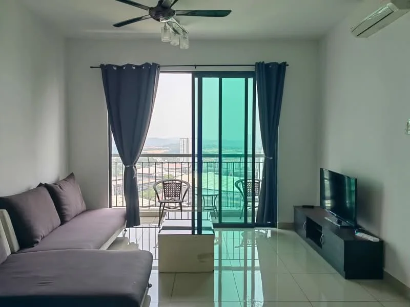 Living features: 3-seater fabric sofa in grey, floor-to-ceiling windows, sliding glass door, blackout curtains, ceiling fan, wall-mounted TV, TV console, glossy tile flooring, balcony view, decorative wall, light-colored walls; style: modern; view: city.