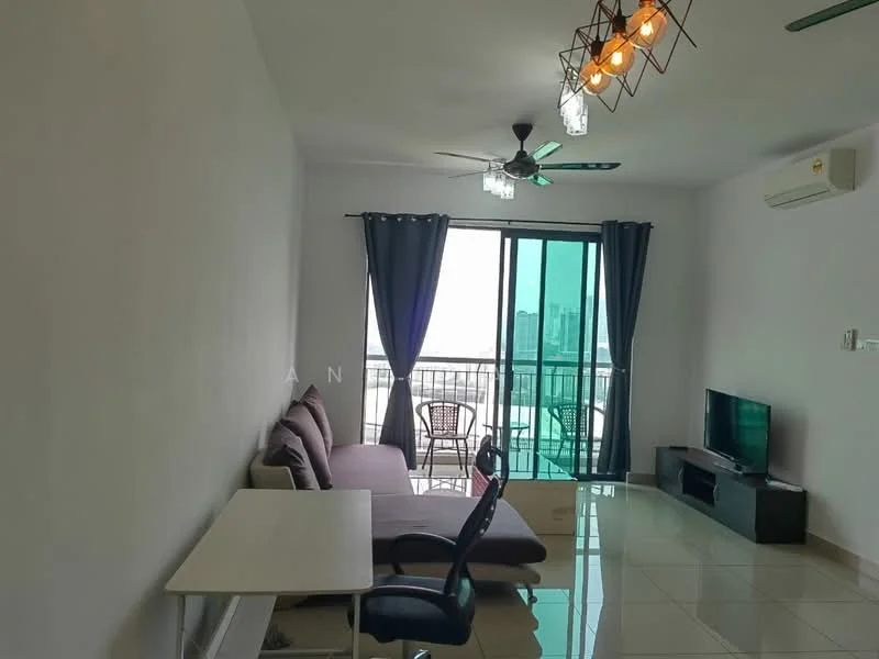 Living features: grey fabric sofa, 3-seater sofa, coffee table, TV console, wall-mounted TV, ceiling fan, recessed downlights, floor-to-ceiling windows, sliding glass door, curtains, white painted walls, glossy tile flooring; style: modern; view: city.