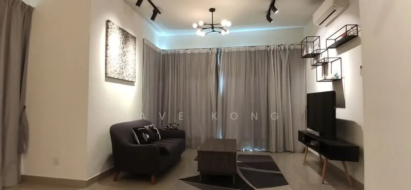 Living features: 3-seater fabric sofa in dark grey, coffee table, wall-mounted TV, TV console, area rug with geometric pattern, floor-to-ceiling curtains in light grey, recessed downlights, chandelier with multiple bulbs, decorative wall art, light-coloured walls, polished tile flooring, air conditioning unit; style: modern.