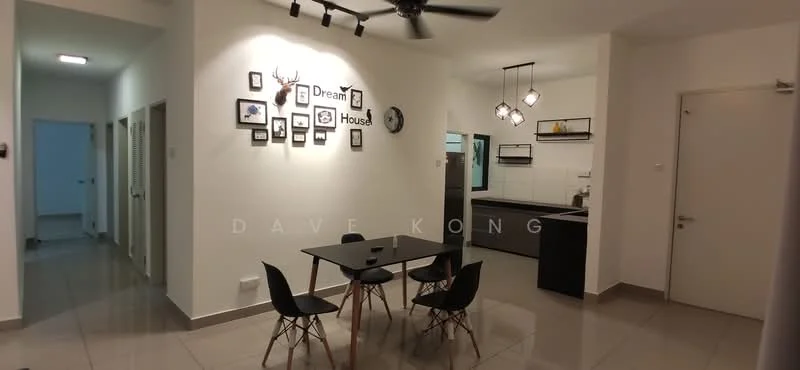 Dining features: black dining table with four chairs, white painted walls, grey kitchen cabinetry, black countertop, recessed downlights, 5-blade ceiling fan, decorative wall with framed photos, clock on wall, tile flooring, open layout to kitchen, kitchen with wall-mounted cabinets; style: modern. Room features: white painted walls, grey tile flooring, doorway leading to hallway, doorway leading to kitchen.