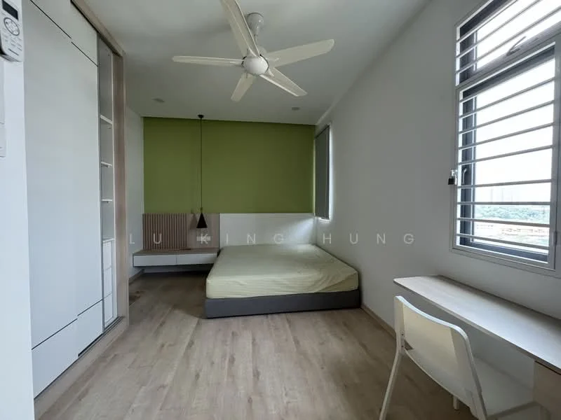 Bedroom features: queen-size bed with mattress, light wood laminate flooring, white painted walls, green accent wall, built-in wardrobe with sliding doors, desk with chair, ceiling fan, window with horizontal slats, wall-mounted light fixture; style: modern; view: city.